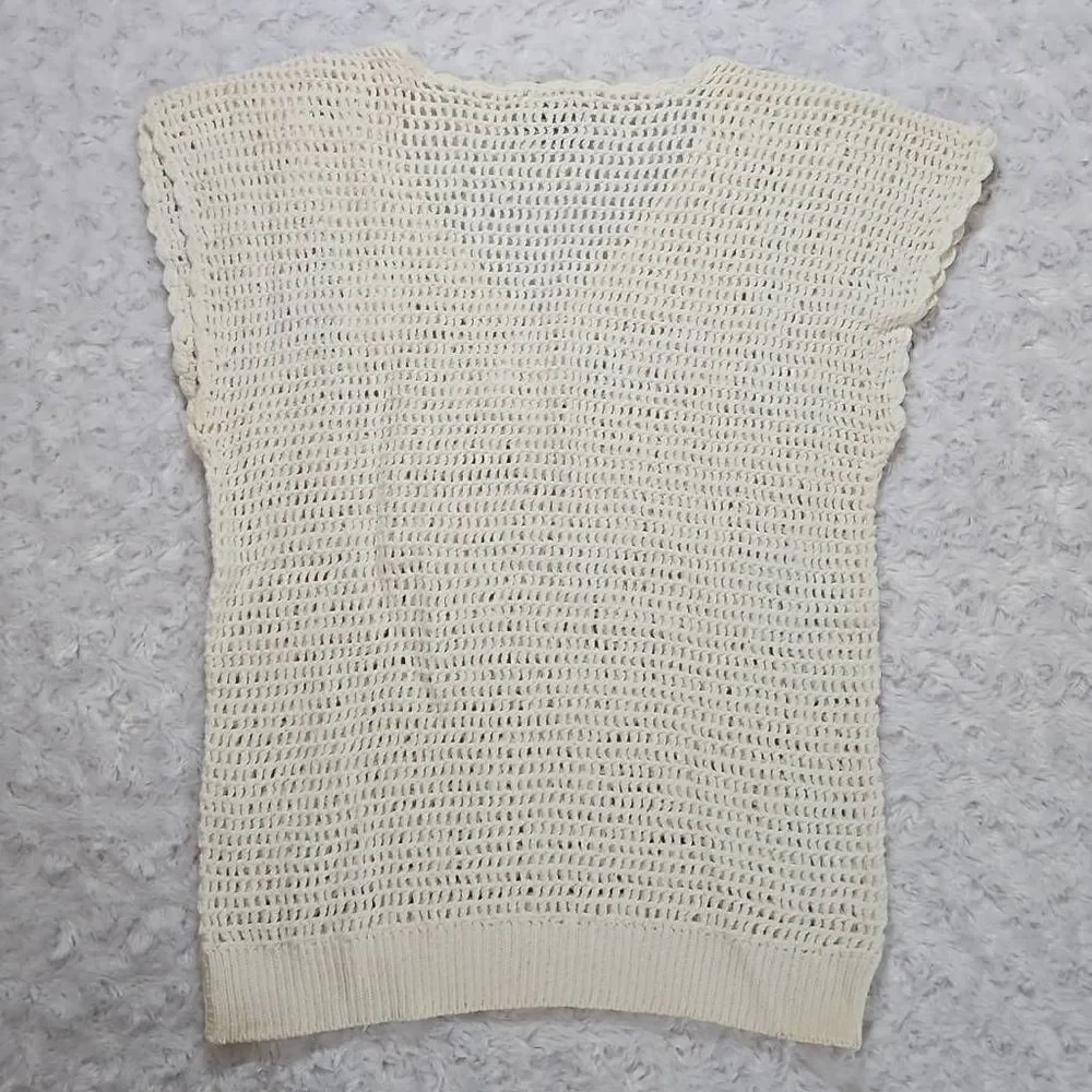 Vintage Parrimello Open Knit Cream Sleeveless Top with Roses
